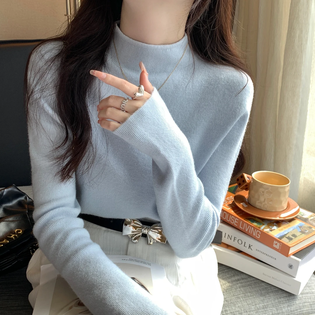 蓝色秋冬半高领内搭洋气打底衫女款爆款新款2025时髦外穿针织毛衣