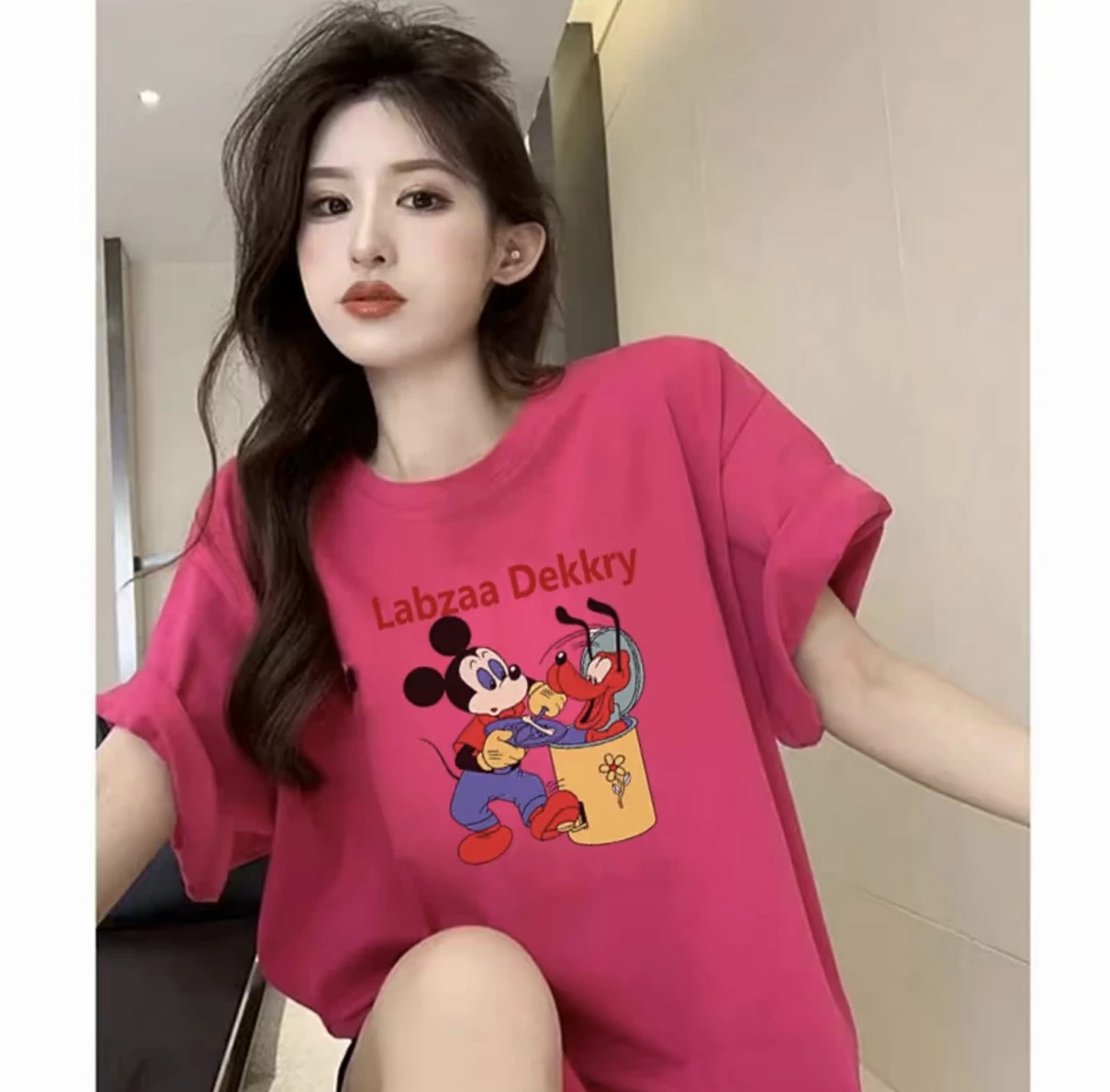 【卡通米奇】夏季简约百搭潮流美式复古火龙果色圆领T恤韩版设计