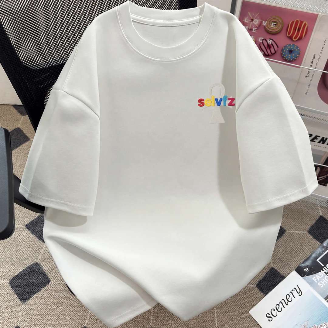 2025夏季新款美式复古潮牌高街白色半袖上衣男纯棉重磅短袖T恤男