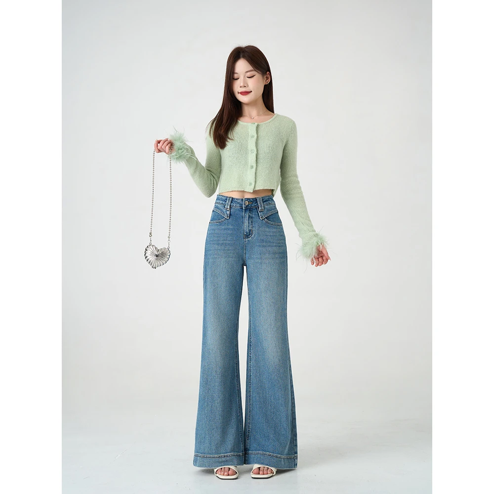 missrococo/洛可可小姐春季2025新款蓝色高腰显瘦阔腿牛仔裤女款