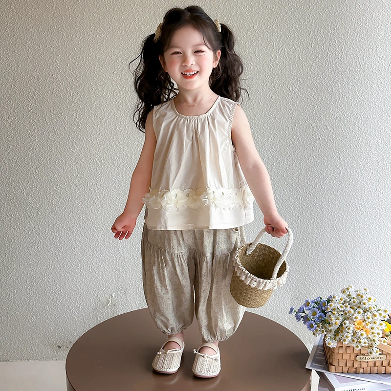女童夏季无袖套装新款儿童洋气森系夏装女宝背心防蚊裤休闲两件套