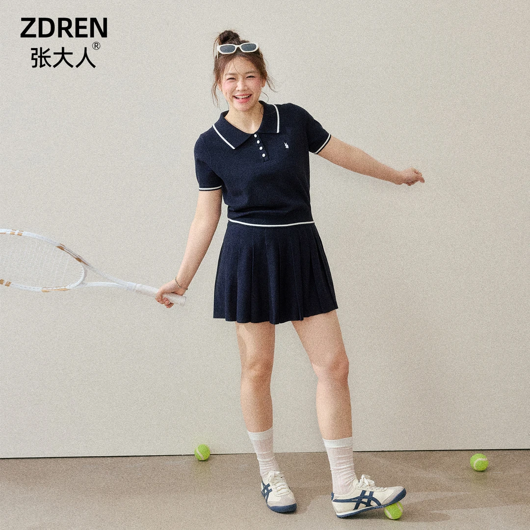 张大人【新生校花】大码女装微胖妹妹休闲学院风POLO领针织衫套装裙