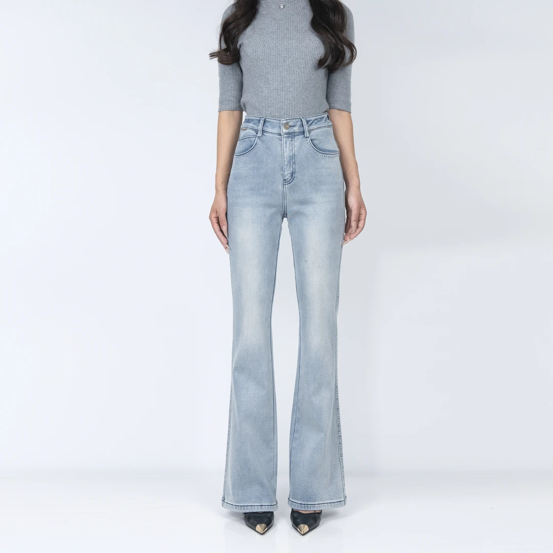 【植绒加绒】浅色微喇裤【冬日恋歌】冬季新款加厚中高腰9069