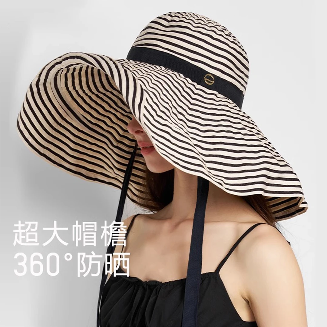 帽子女夏季2025新款条纹大檐渔夫帽可折叠百搭时尚遮阳帽帽潮