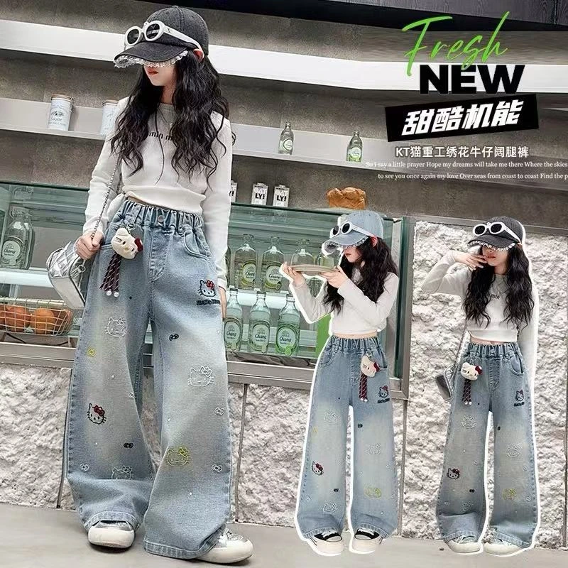 女童牛仔裤春秋新款直筒裤洋气儿童秋季中大童阔腿裤卡通春装裤子