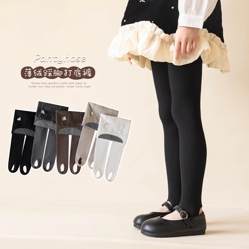 女童打底裤加绒秋冬薄绒踩脚裤宝宝舞蹈袜白色打底袜显瘦竖条裤袜