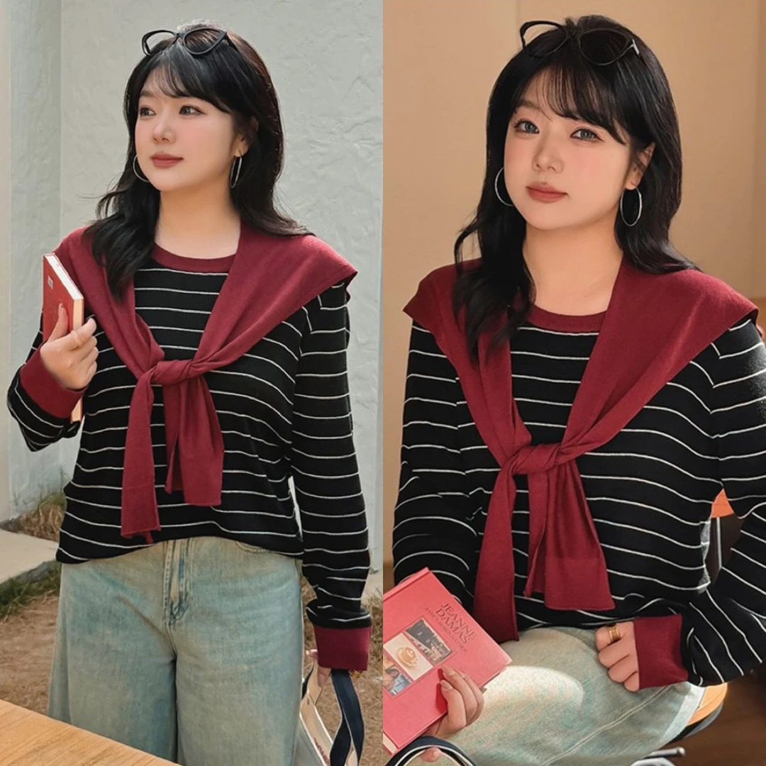 韩系披肩设计感两件套针织衫女2025早秋新款条纹撞色休闲显瘦上衣
