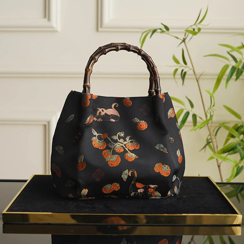 猫咪柿子非遗宋锦真丝手提竹节包新中式国风桑蚕丝女士中式女包