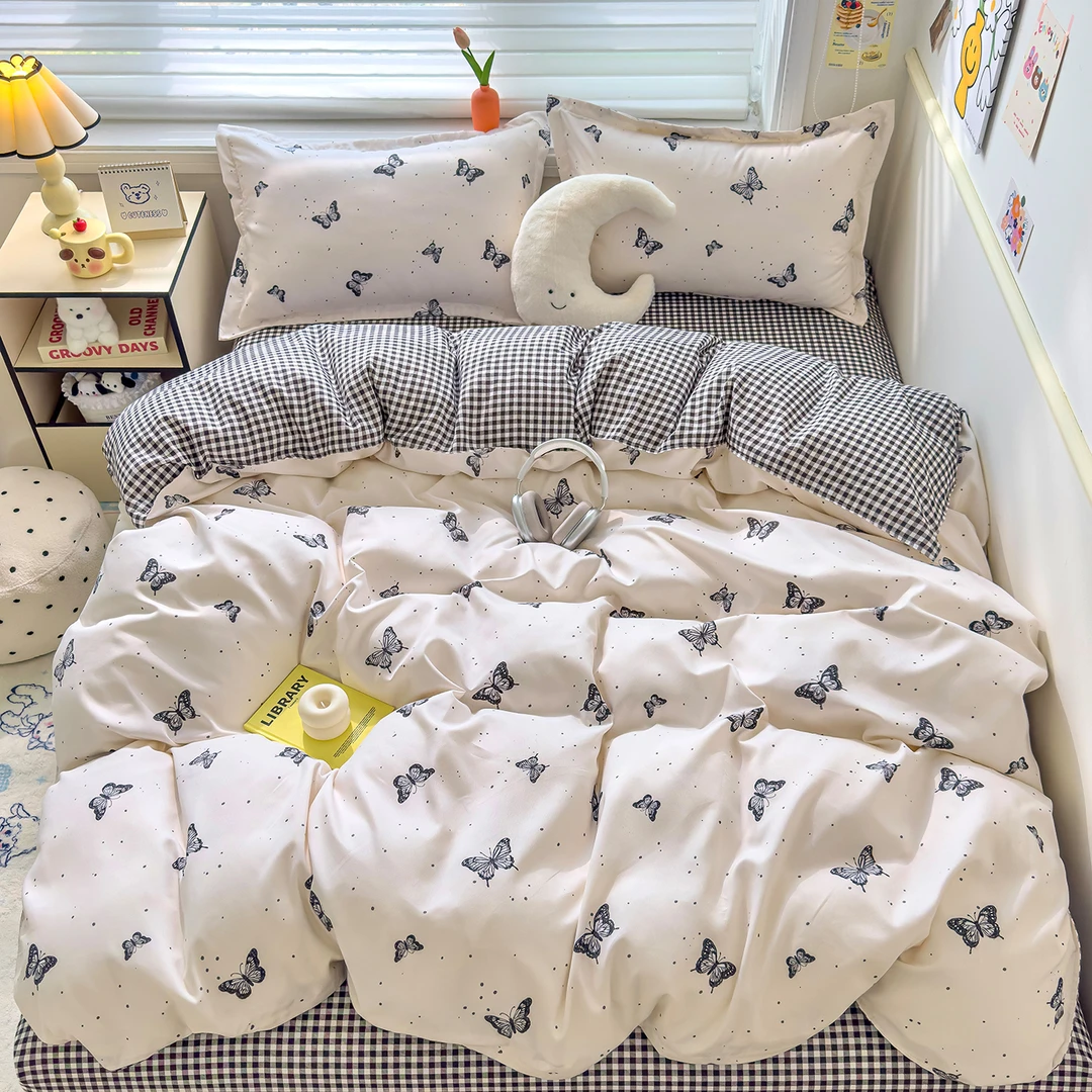 四季通用斜纹四件套小清新亲肤磨毛印花被罩加厚单学生宿舍三件套