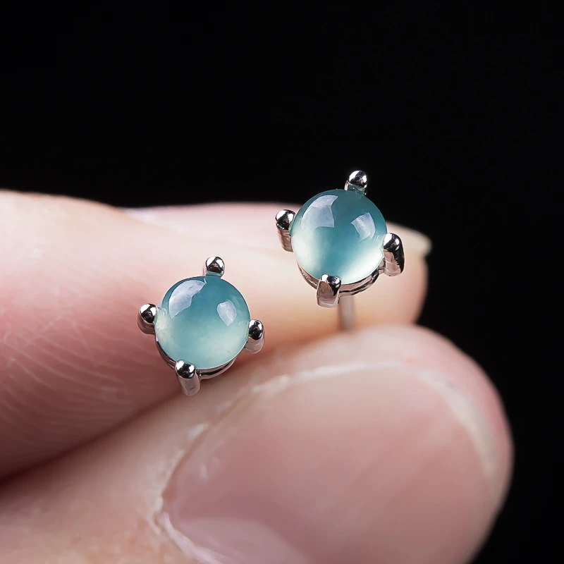 新店特价A货翡翠高冰晴蓝蛋面耳钉