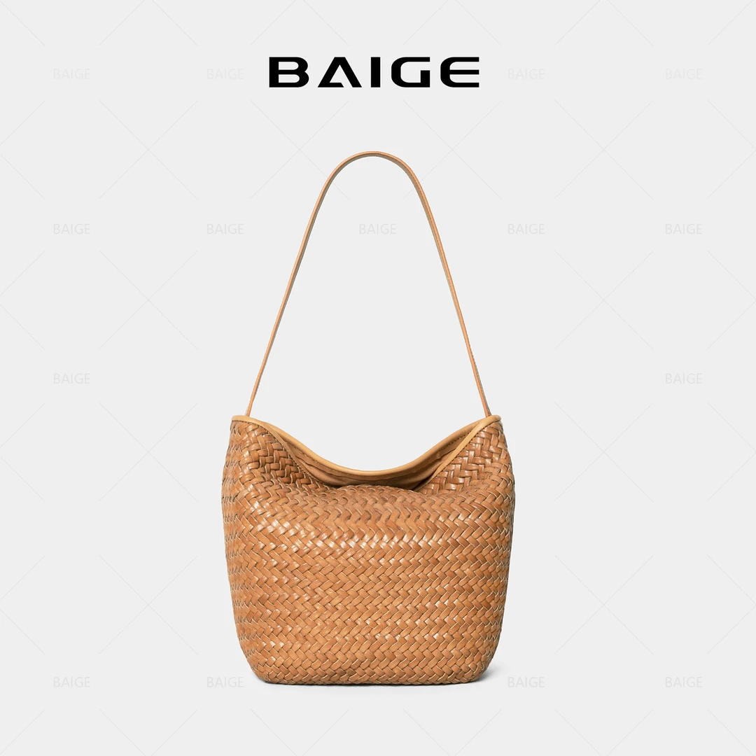 头层牛皮手工编织水桶包包女大容量百搭托特手提包单肩包60381