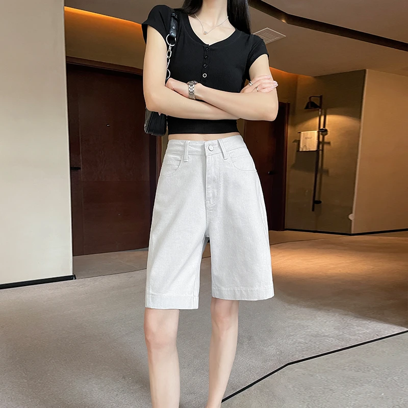 加长裤子女高个子175渣渣灰五分牛仔短裤新款高腰宽松显瘦直筒裤