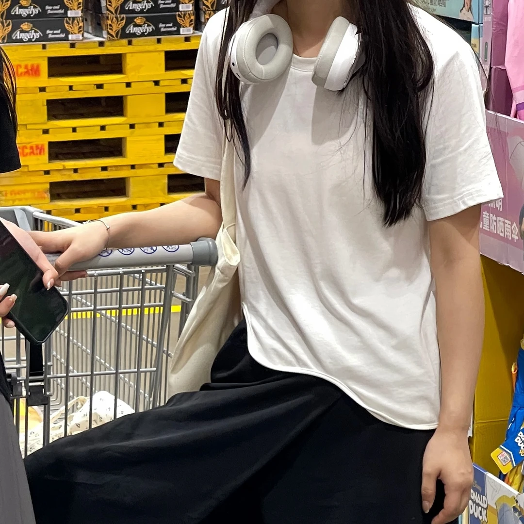 蔡小姐夏季设计感短袖T恤宽松遮肚显瘦正肩上衣纯色休闲百搭圆领