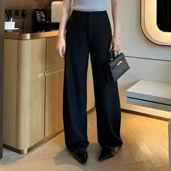2025新款高腰西装裤女夏季高级感垂感直筒休闲鱼骨镰刀裤 HK007