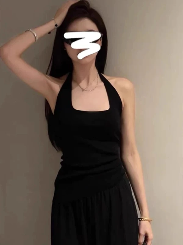 纯棉港风复古辣妹穿搭显身材性感露背u领吊带背心女外穿挂脖上衣