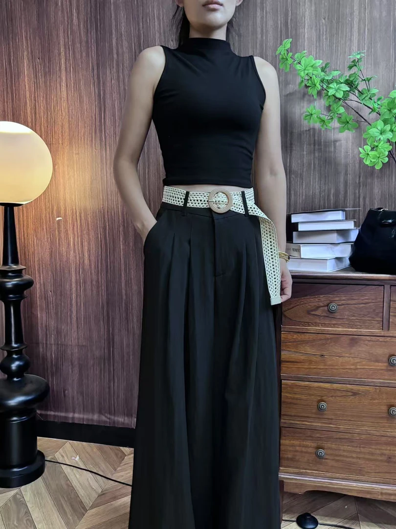 001-100休闲裤高腰直筒白色高腰直筒时尚百搭女士夏季中式