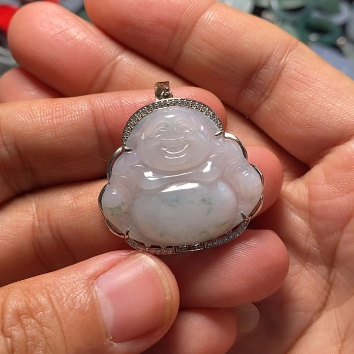 翡翠银S925镶嵌颈饰天然缅甸翡翠A货飘花佛公微瑕