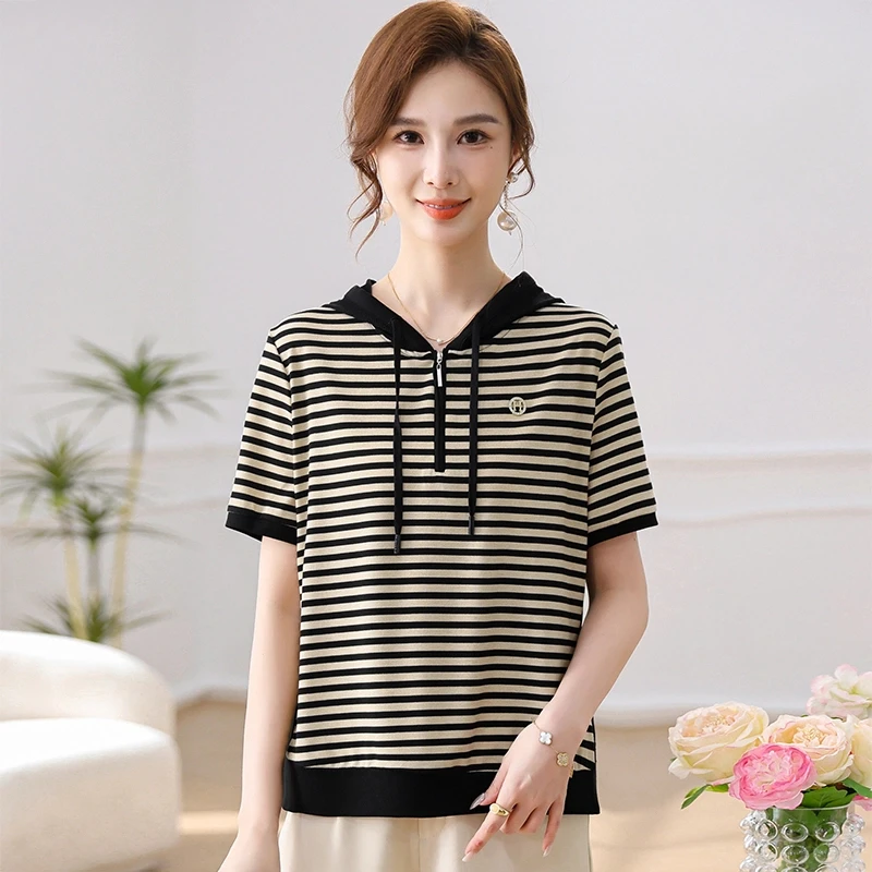 女装条纹大码宽松时尚洋气休闲风百搭打底宽松型夏装XH4278388859