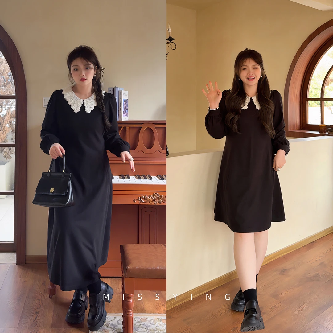 应小姐【佩利女孩】微胖大码冬季长袖宽松洋气时尚黑白撞色连衣裙