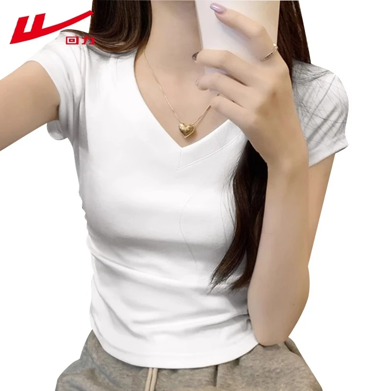 回力元气少女t恤潮牌2025年白色v领短袖棉T恤春夏秋季修身打底