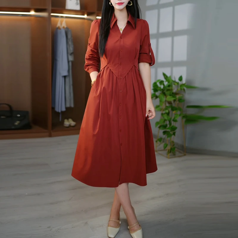红色气质高端连衣裙女2025年秋季新款妈妈收腰显瘦遮肉中长款裙子