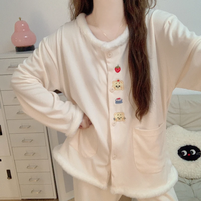 【秋冬德绒】加厚睡衣女2025新款韩系卡通可爱蛋糕熊长袖家居服套装
