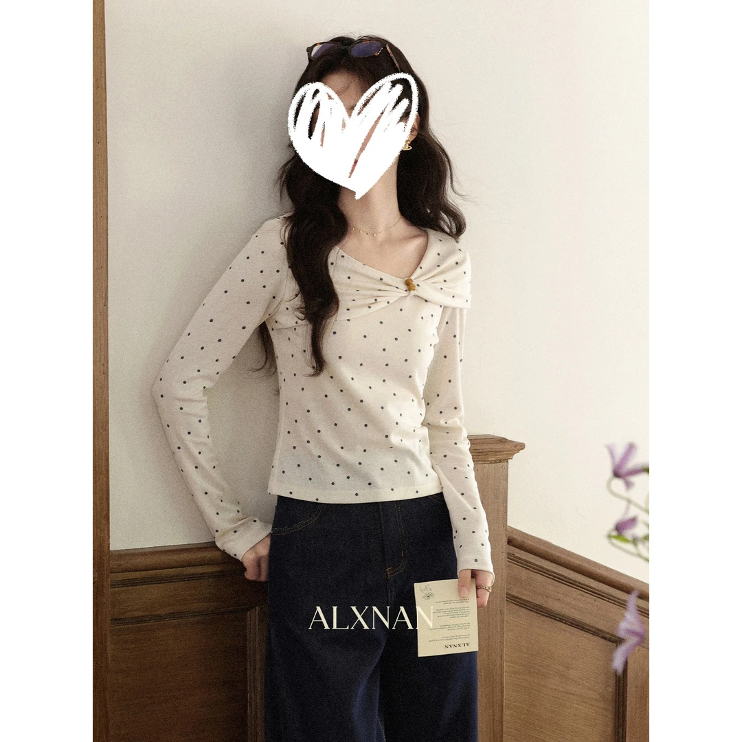 「南枝杏调」温柔杏色波点设计感修身长袖T恤女秋扭结上衣