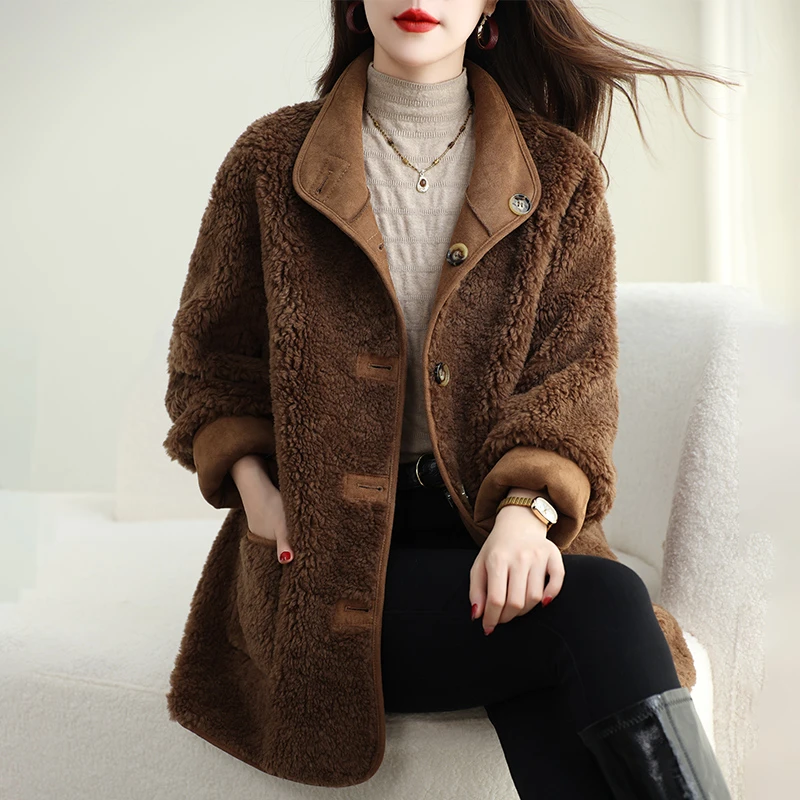 羊剪绒大衣女中长款宽松保暖加绒加厚羊羔毛100羊毛外套