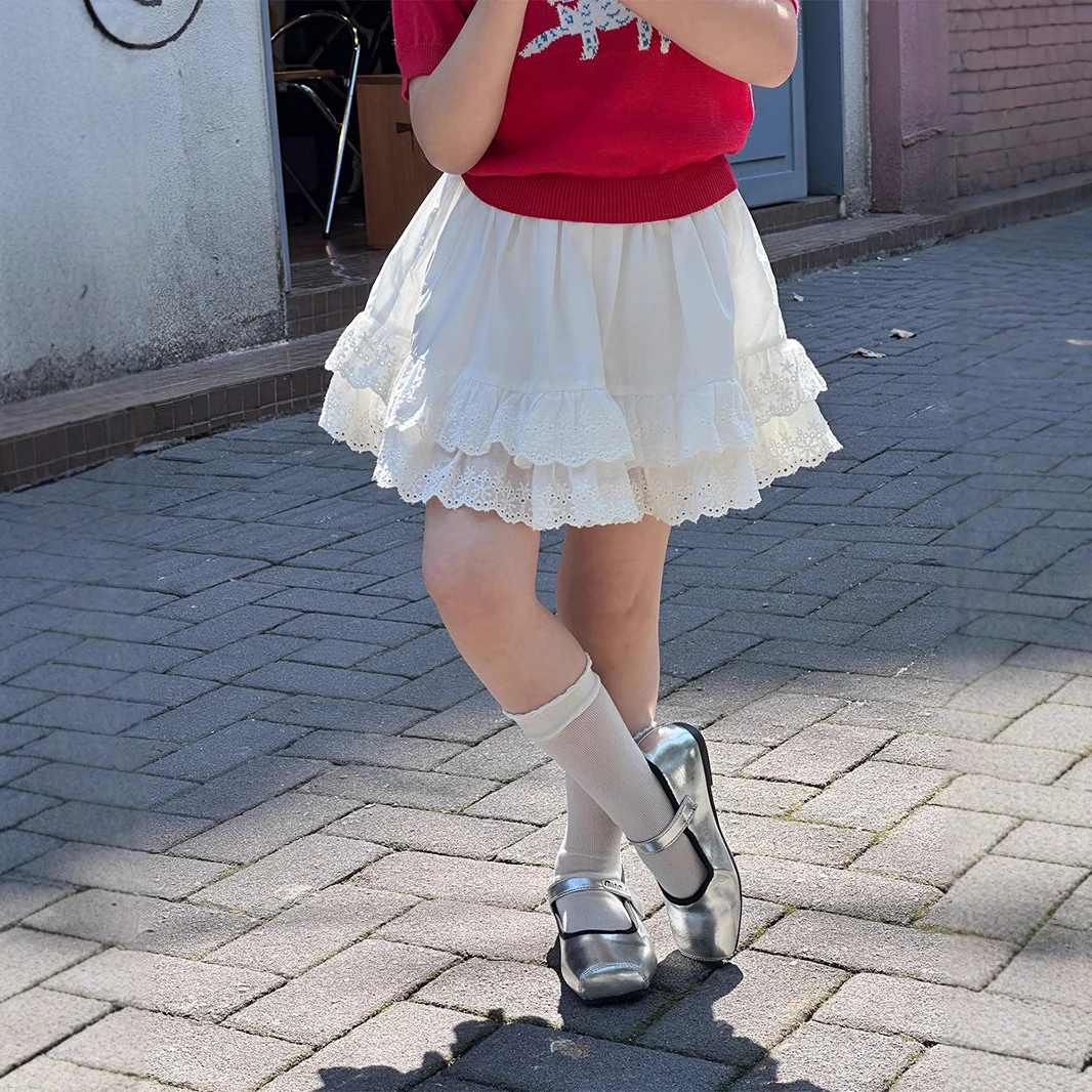 现货【纯棉】女童芭蕾风半身裙夏儿童水洗棉蛋糕蕾丝短裙25B038