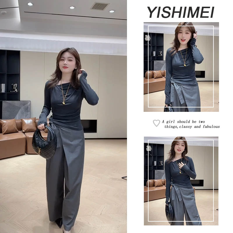 2025年秋季新款爆款不规则斜领长袖上衣设计感小众休闲阔腿裤套装