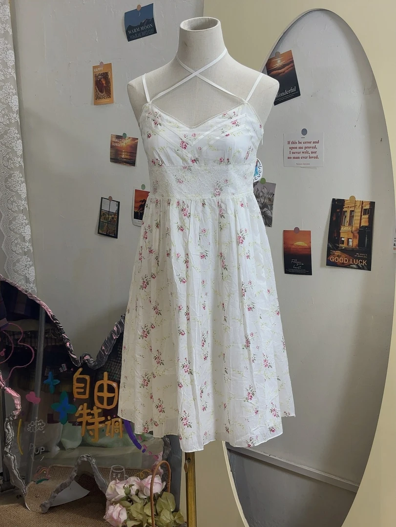 vintage 古着吊带连衣裙半身裙女士夏季碎花显瘦气质时尚休闲潮流