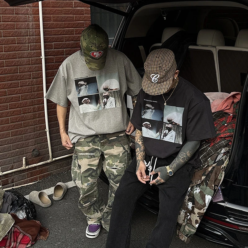 白鹤大人重磅380g夏季人像印花纯棉短袖T恤宽松磨破廓形半袖上衣