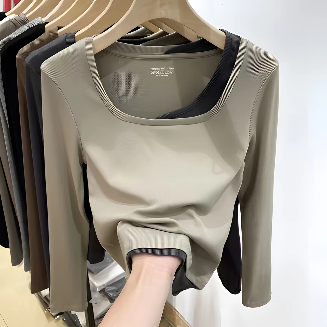 6600#撞色假两件方领长袖t恤女修身洋气内搭打底遮肚子小衫上衣