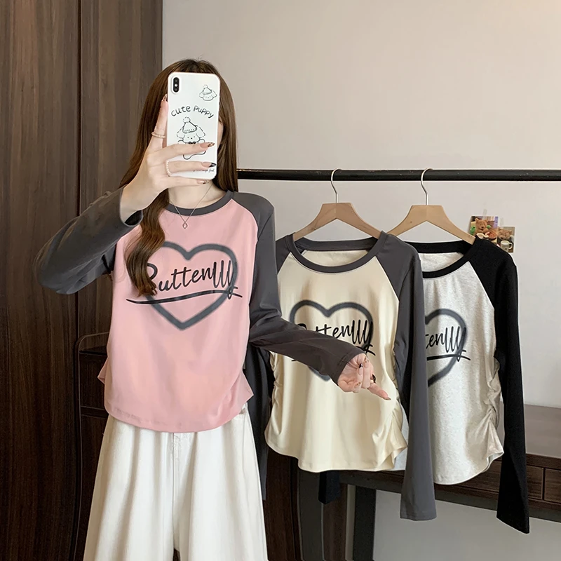 A0861秋装款胖mm大码女时尚减龄拼接爱心印花打底衫上衣T恤Q