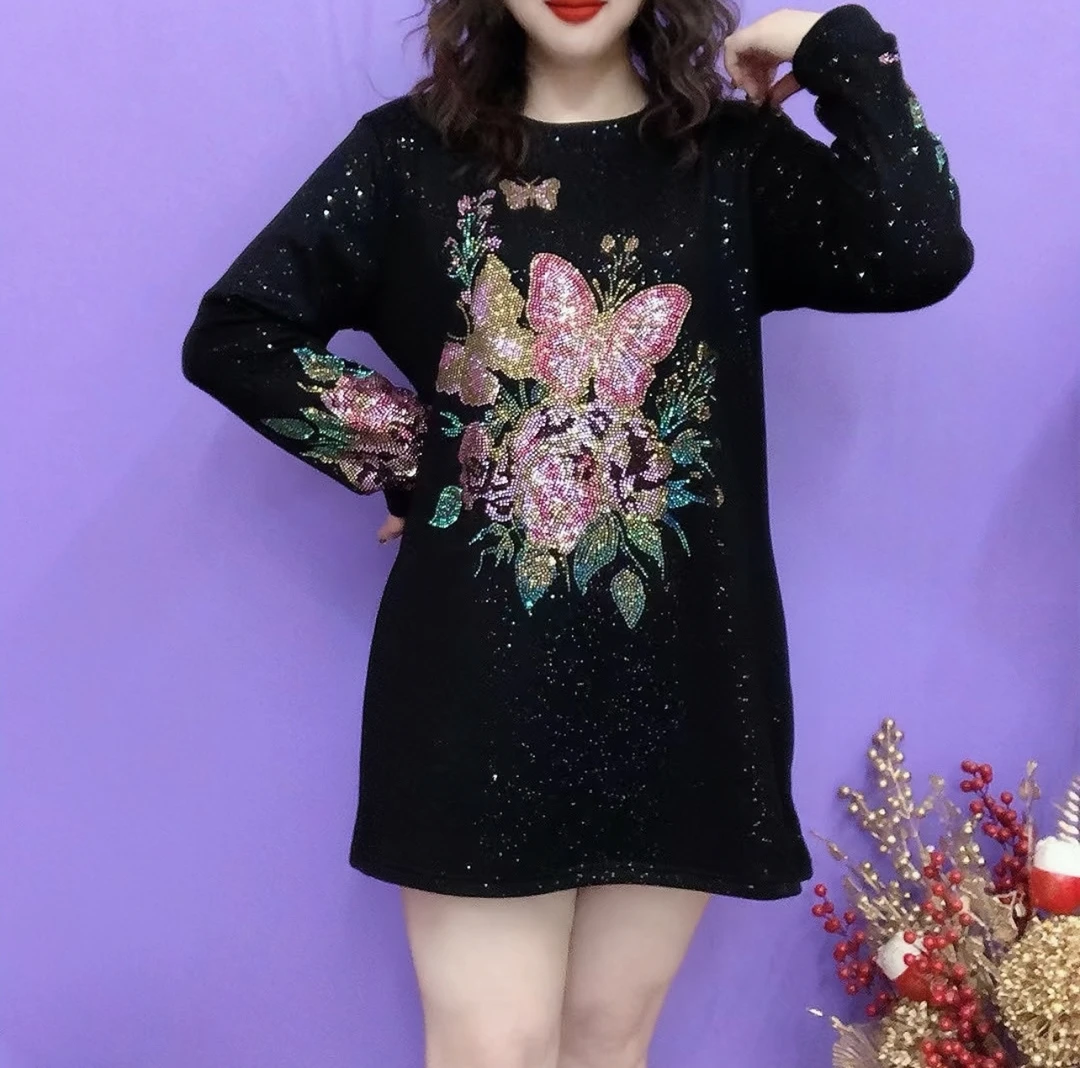 新款时尚百搭洋气显瘦圆领重工拉绒保暖卫衣裙