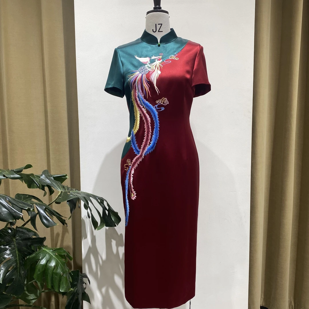 24602喜婆婆喜妈妈装凤舞九天国风年轻红色中式复古旗袍婚宴醋酸