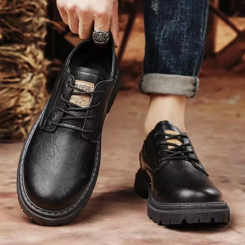 男鞋秋季商务英伦男士休闲黑色皮鞋厚底工作防滑防水大头潮鞋1980