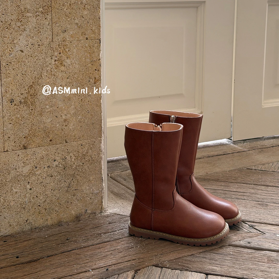 2025冬季新款儿童复古加绒保暖长筒靴小女孩洋气百搭皮靴子马丁靴