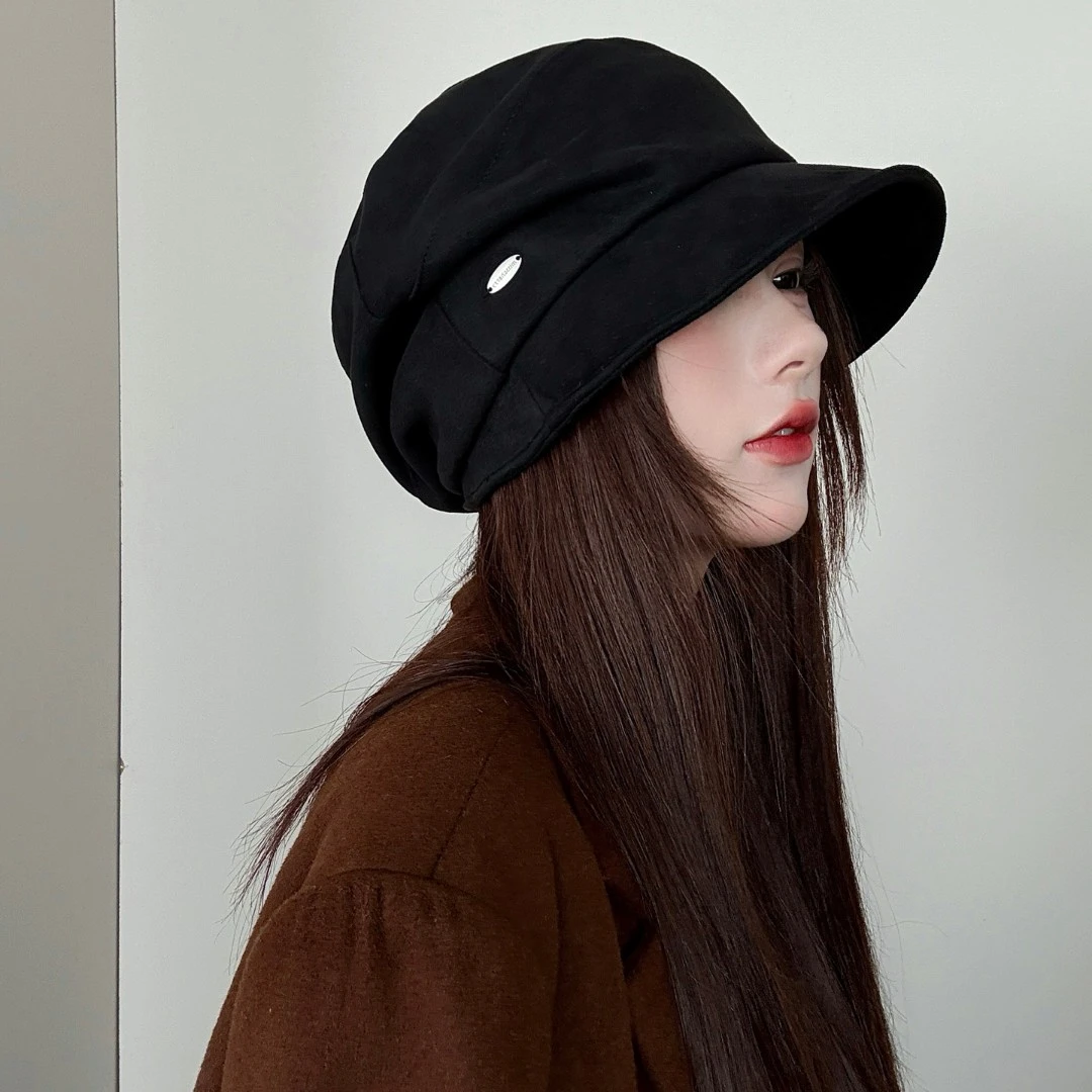 氛围感冷帽女秋冬季麂皮绒渔夫堆堆帽复古短檐鸭舌报童帽显脸小潮