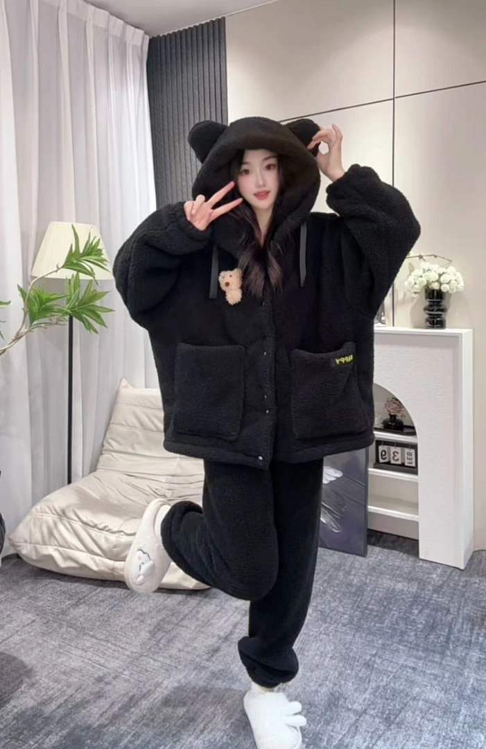 【加厚北羔绒】新款家居服睡衣连帽happy小熊北羔绒可外出睡衣套装