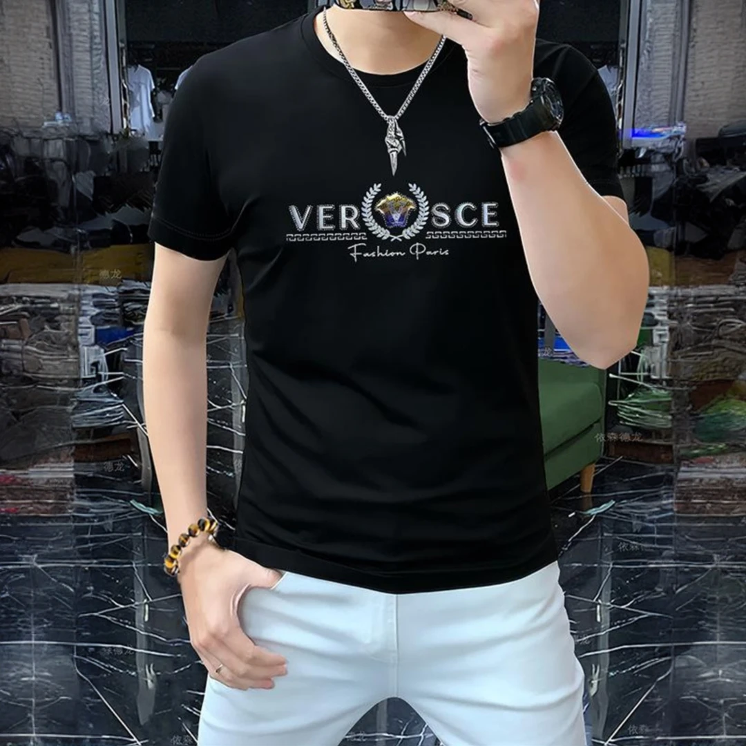 巴韦那奇时尚夏季新款高端欧货男短袖丝光棉重工嵌花烫钻麦穗T恤