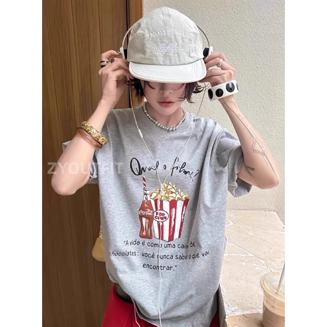 ZYOUTFIT美式复古趣味爆米花印花宽松圆领百搭短袖T恤女