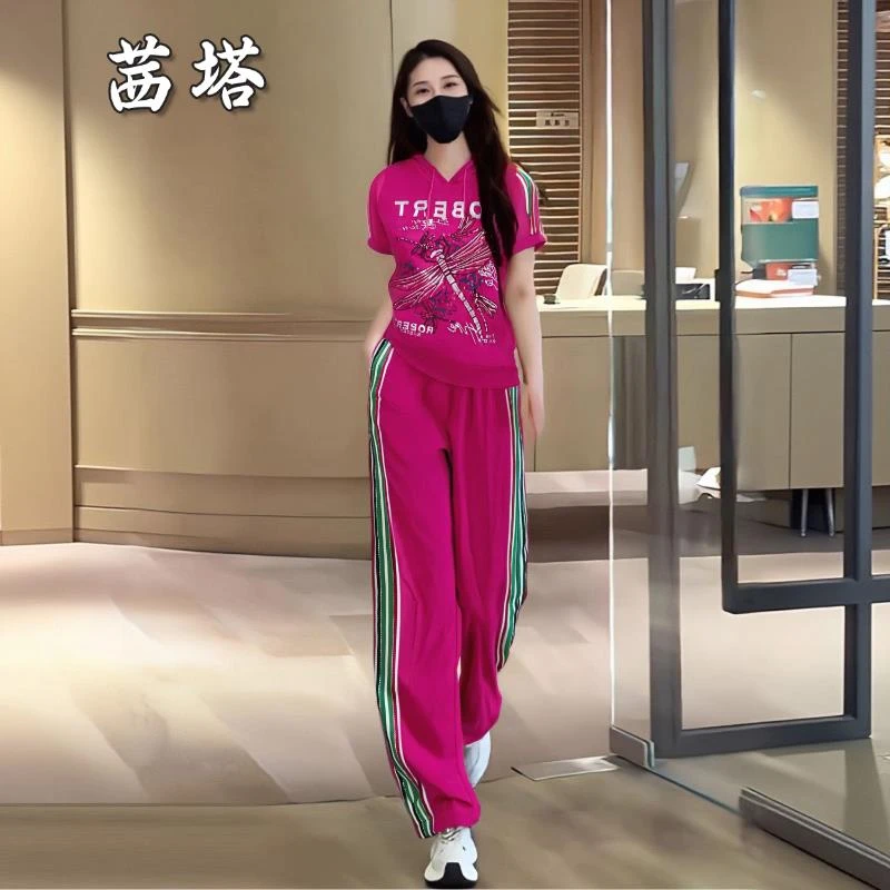 女士休闲服运动套装女2025春夏季新款粉色连帽宽松短袖T恤两件套
