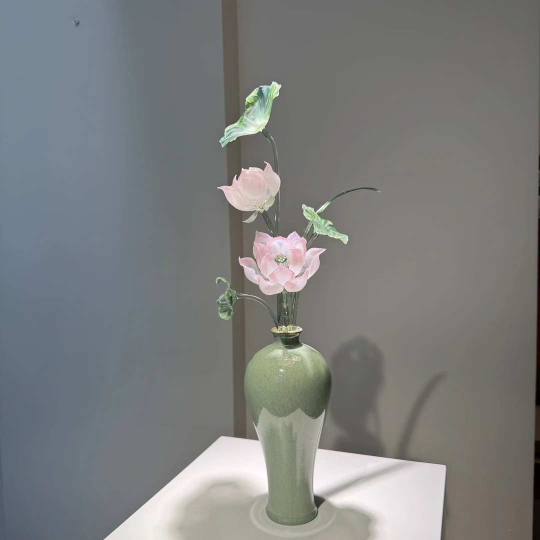 【清雅粉莲】纯手工制作琉璃花荷花粉色莲花家居玄关摆件供佛琉璃花