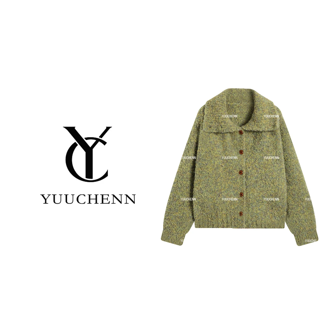 YUUCHENN【绿精灵】绵羊毛复古麻花翻领毛衣女秋冬针织衫25C-W70091