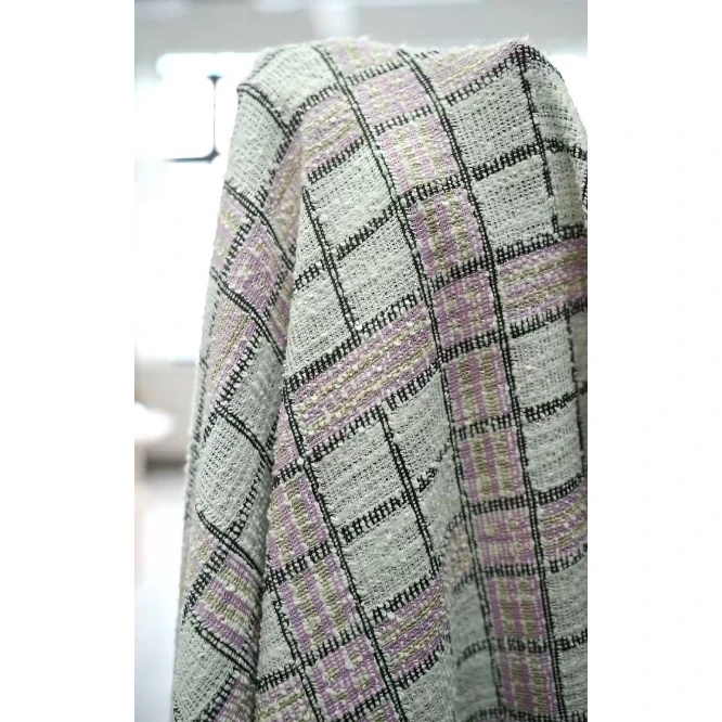 棉交织针织小香风面料粉色调格纹服装布料 幅宽160CM