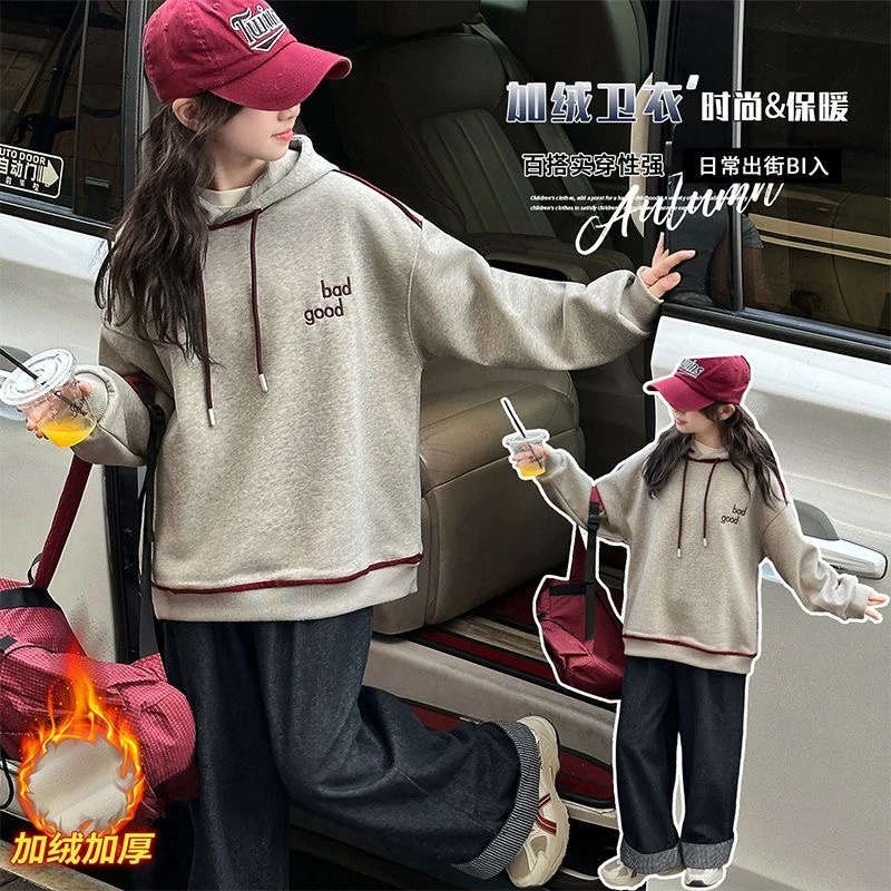 N00107女童冬季加绒加厚连帽卫衣2025年新款中大童儿童秋冬款童装