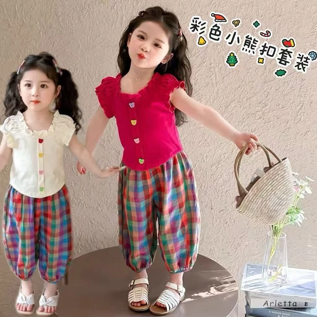 女童夏装格子防蚊裤T恤两件套2025新款小童洋气可爱韩版运动套装