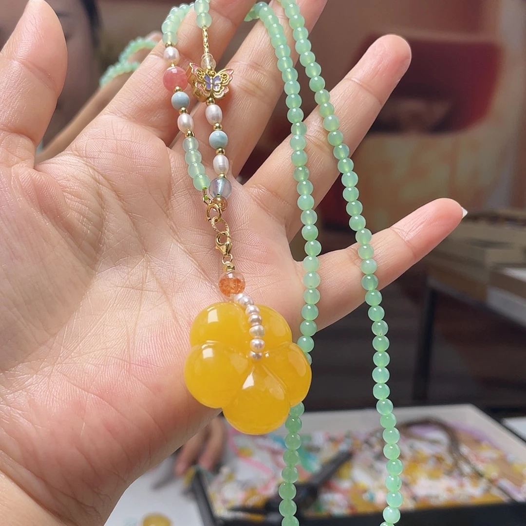 琥珀银S925镀金镶嵌裸石吊坠