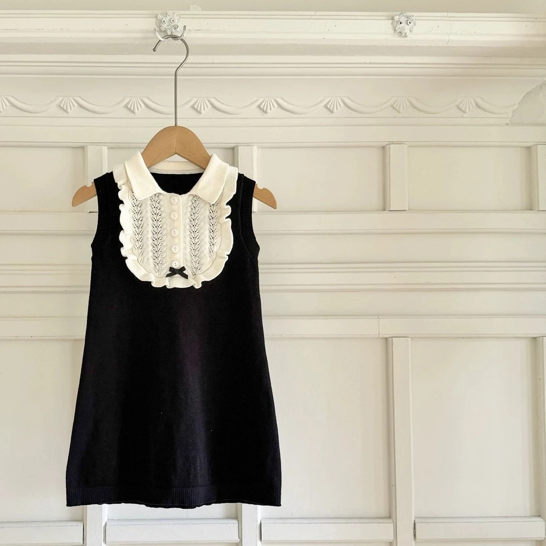 女童背心裙小香风2025针织黑白拼接毛织蝴蝶结无袖纯色公主裙